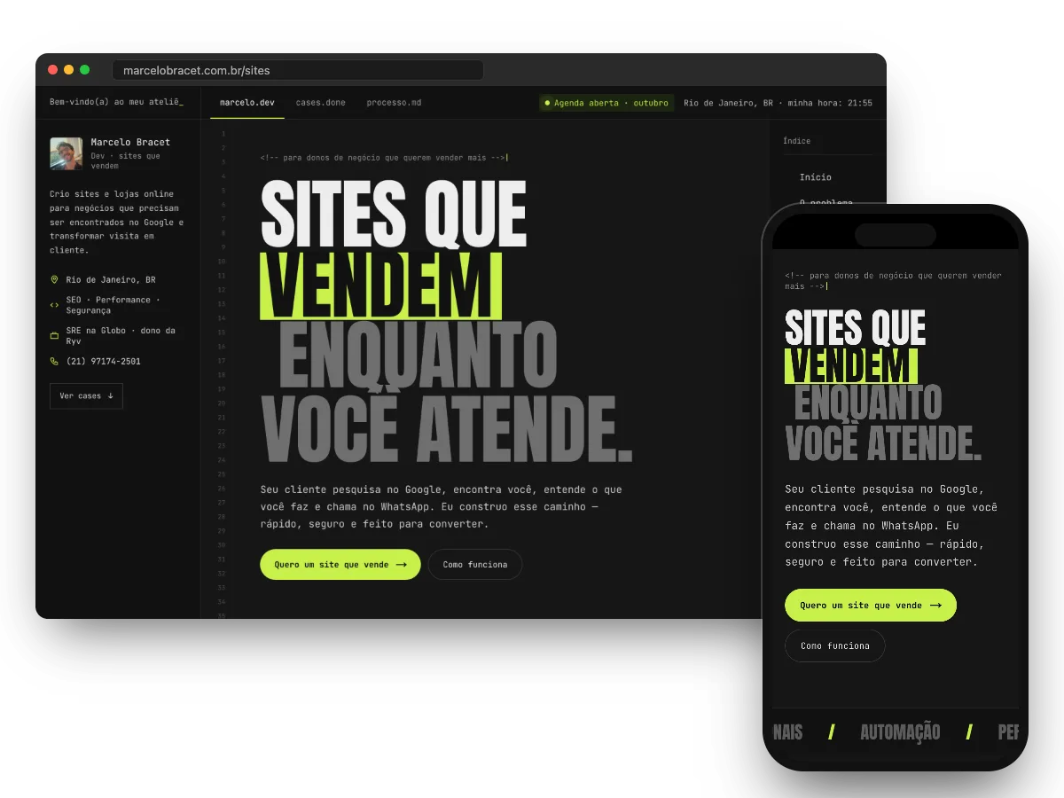 Portfólio Sites que vendem aberto no computador e no celular