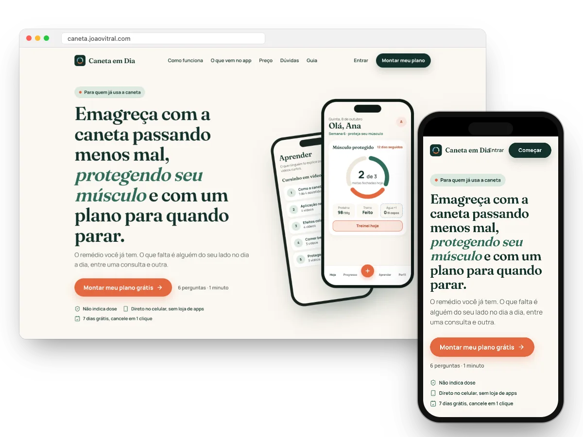 Página do Caneta em Dia com o app aberto no celular