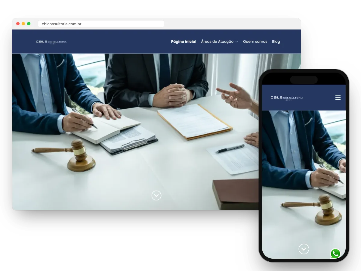 Home da CBLS Consultoria Jurídica no computador e no celular