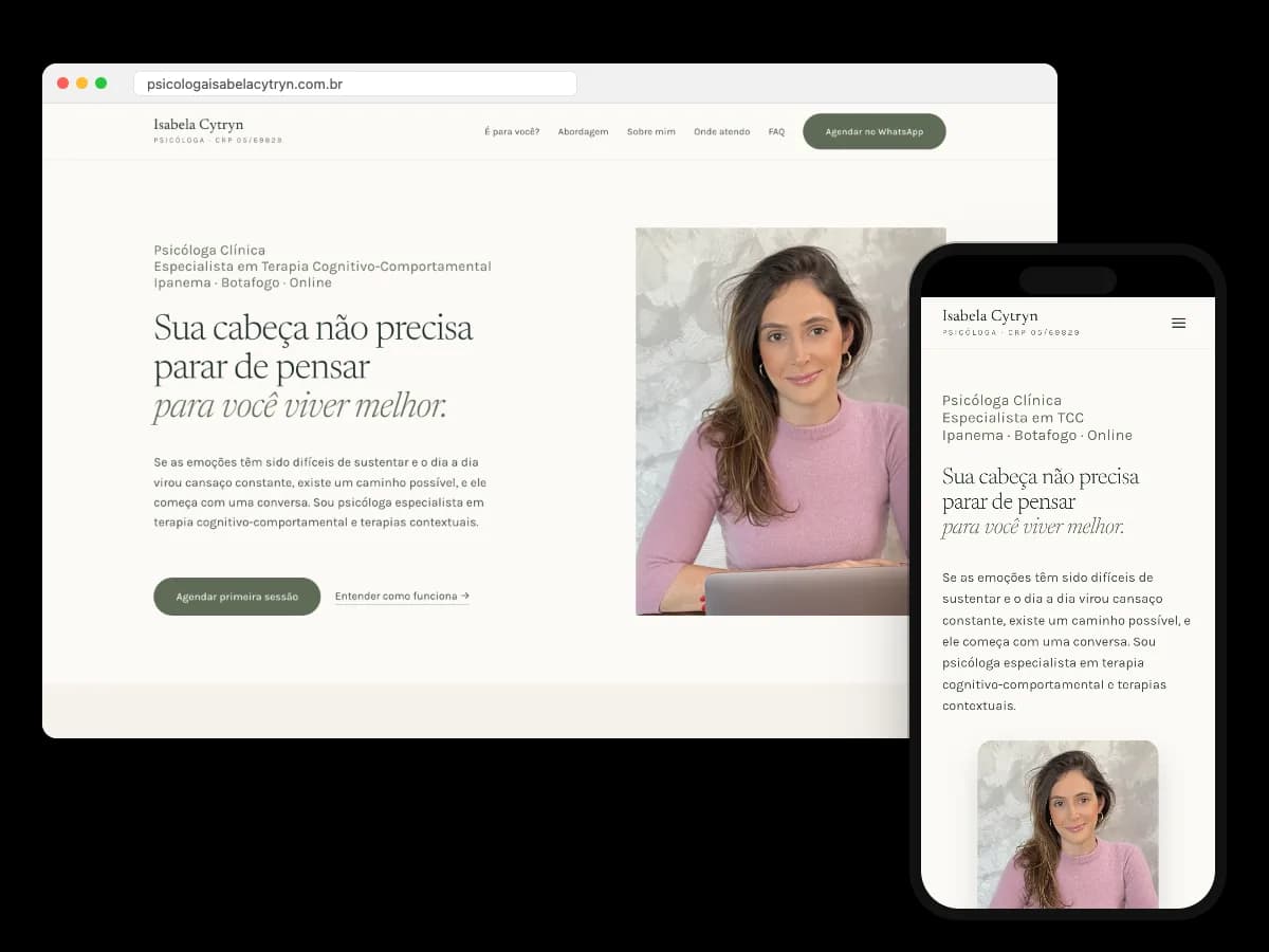Site da psicóloga Isabela Cytryn no computador e no celular